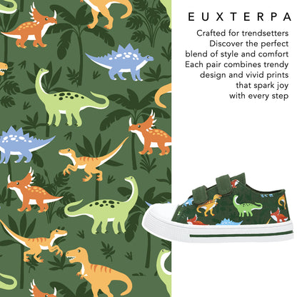 Dinosaur patterned fabric with a shoe featuring the same design on a green background.