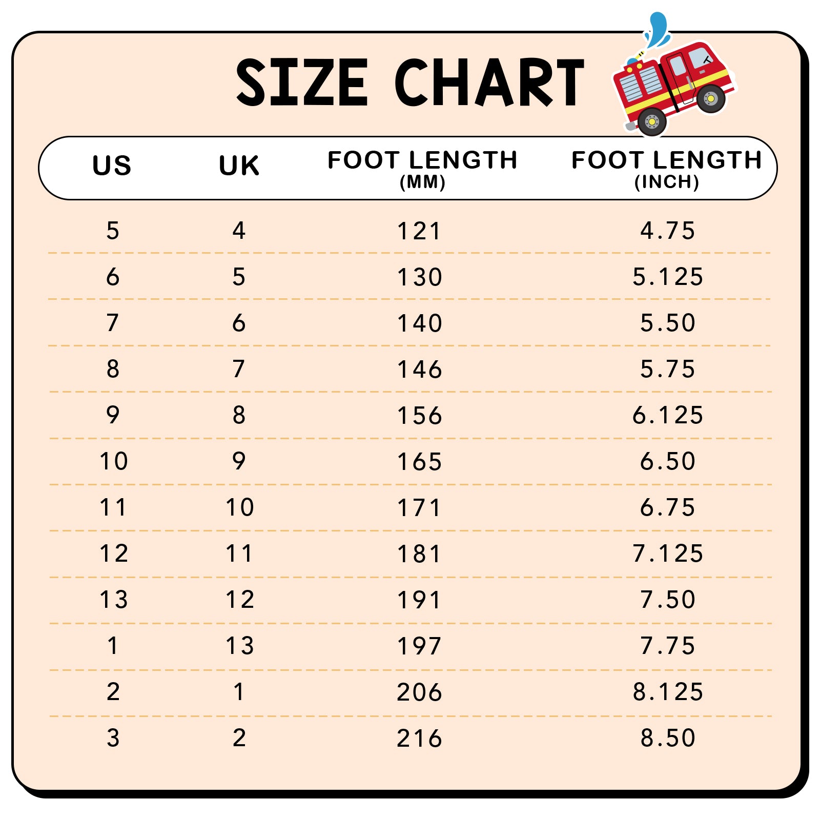 Size chart for shoes with foot length measurements in millimeters and inches, featuring a fire truck icon.