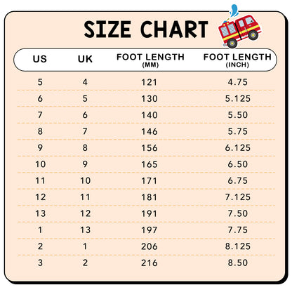 Size chart for shoes with foot length measurements in millimeters and inches, featuring a fire truck icon.