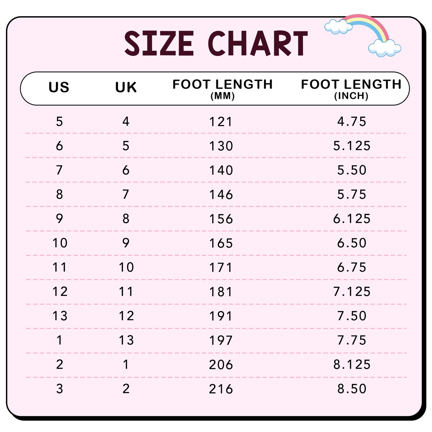 size chart for shoes with us, uk, foot length in millimeters, and inches on a pink background.