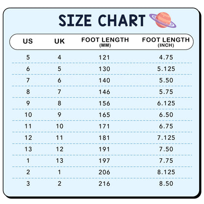 Size chart for shoes with US, UK, foot length in millimeters, and foot length in inches.
