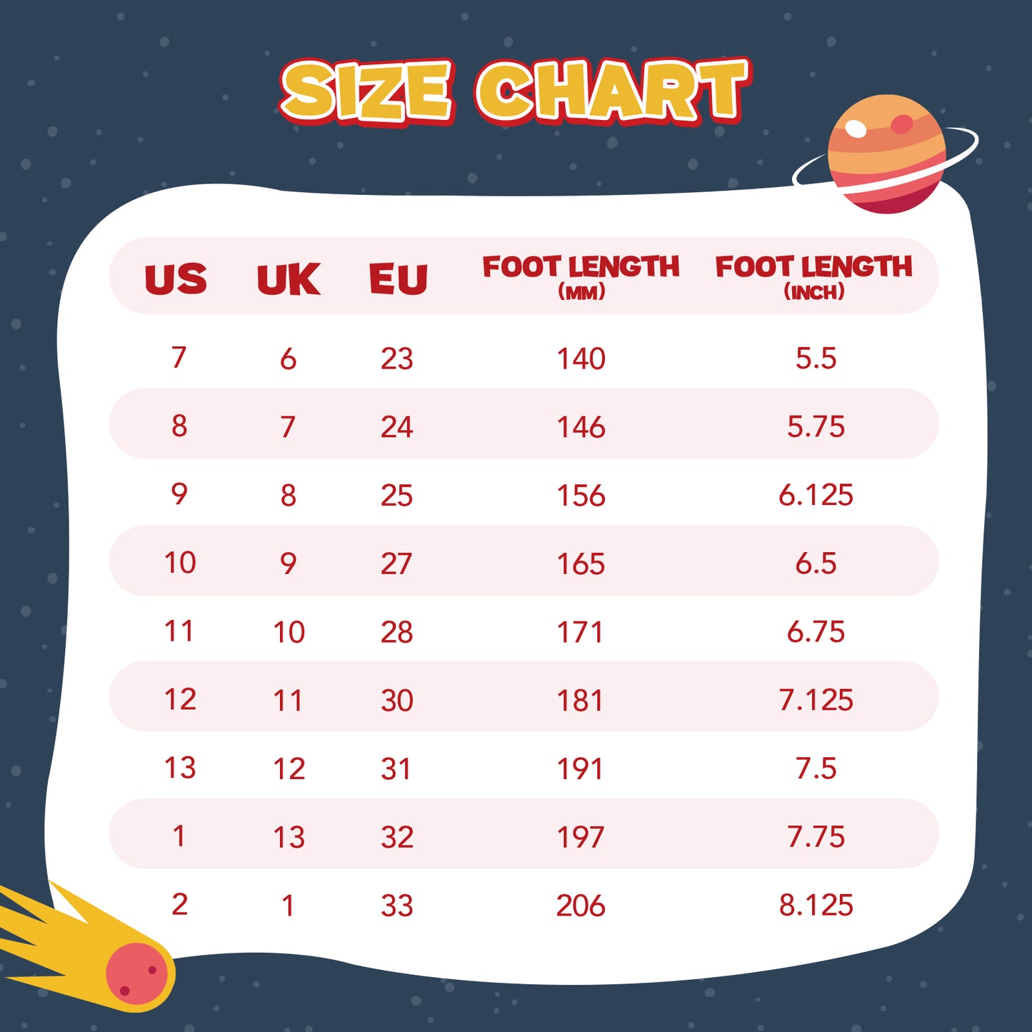 size chart comparing us, uk, and eu foot sizes with foot length measurements in millimeters and inches on a space-themed background.