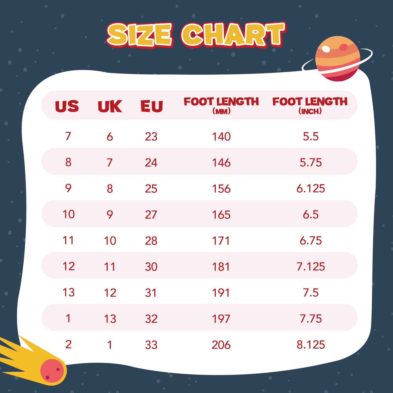 Size chart comparing US, UK, and EU foot sizes with foot length measurements in millimeters and inches on a space-themed background.