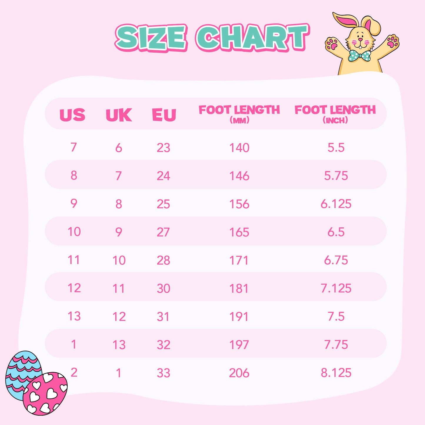 size chart for shoes with us, uk, eu measurements and foot length on a pink background.
