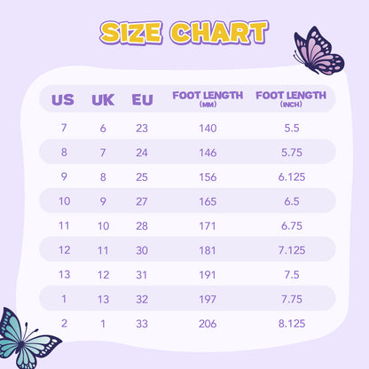 Size chart for shoes with US, UK, EU, foot length (mm), and foot length (inch) measurements on a purple background.