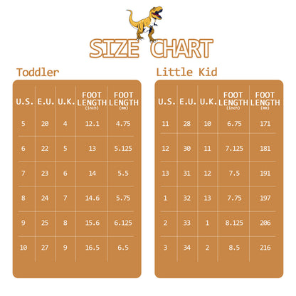 Size chart for toddlers and little kids with foot length measurements on a white background.