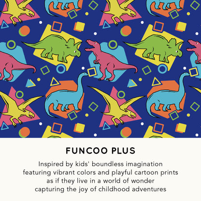 Colorful dinosaur pattern with geometric shapes on a blue background, featuring the brand 'Funcoo Plus'.