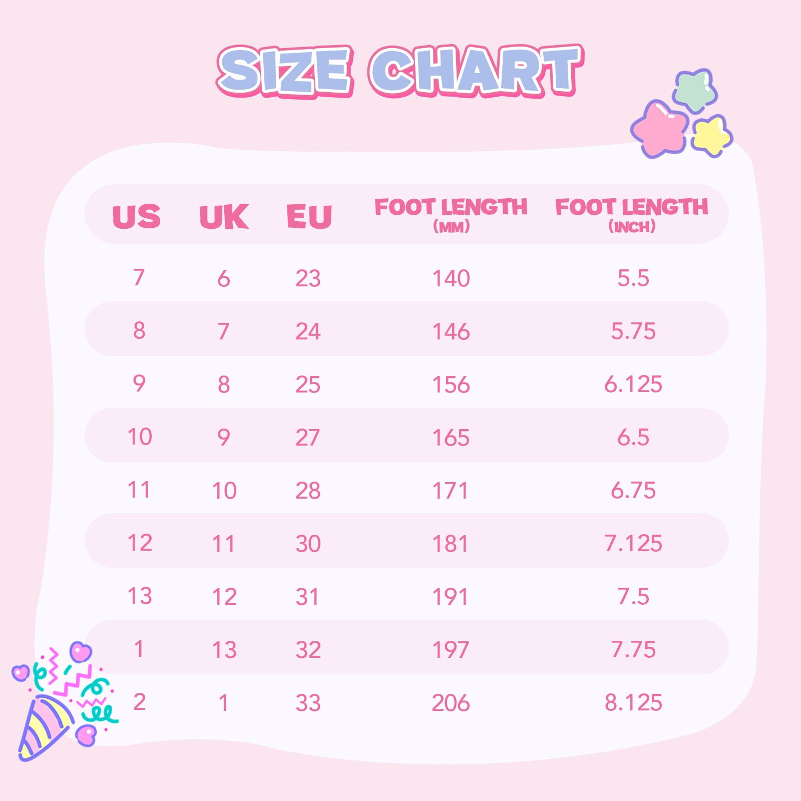 Size chart for US, UK, and EU shoe sizes on a pink background