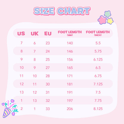 Size chart for US, UK, and EU shoe sizes on a pink background