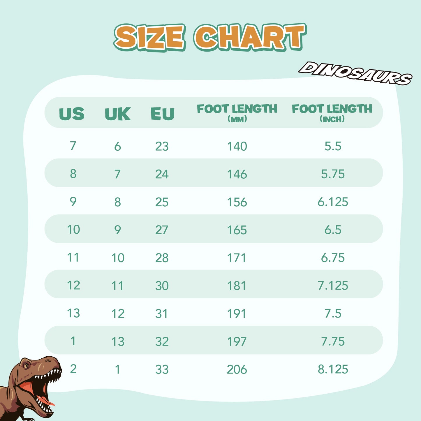 size chart for shoes with dinosaur illustration on a light blue background