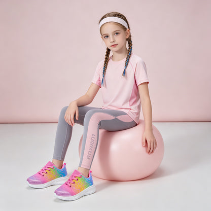 Girls Sneakers Kids Lightweight Running Shoes Butterfly with a gradient of purple, pink, yellow, and green.