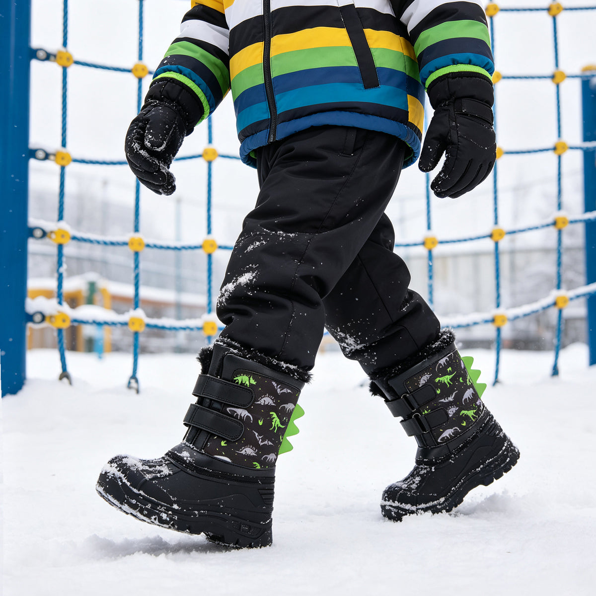 toddler girls grey-green dinosaur on a black background winter snow boots