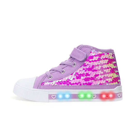 Purple high-top sneaker with colorful sequin pattern and LED lights on a white background