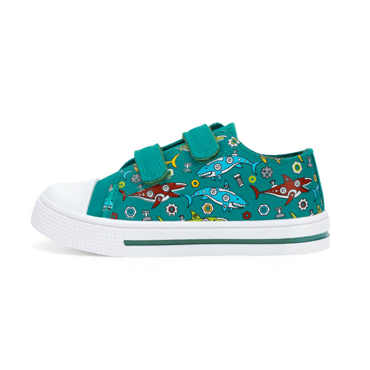 Children's sneaker with shark pattern on a white background