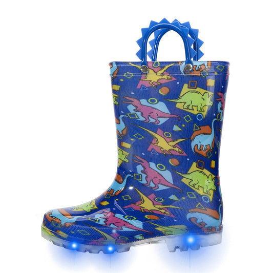 Children's rain boot with dinosaur pattern and blue handle on a white background