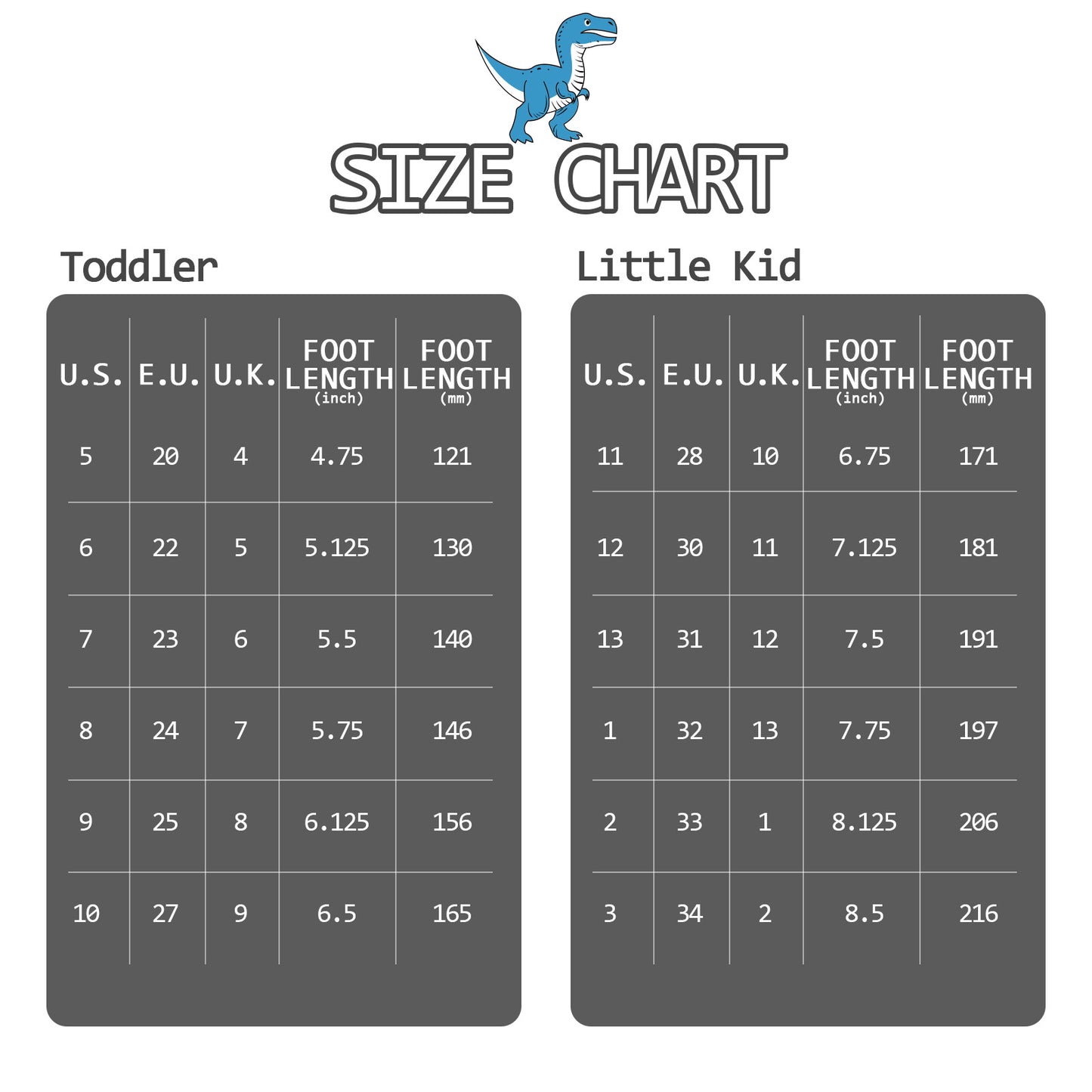 size chart for toddlers and little kids with foot length measurements.