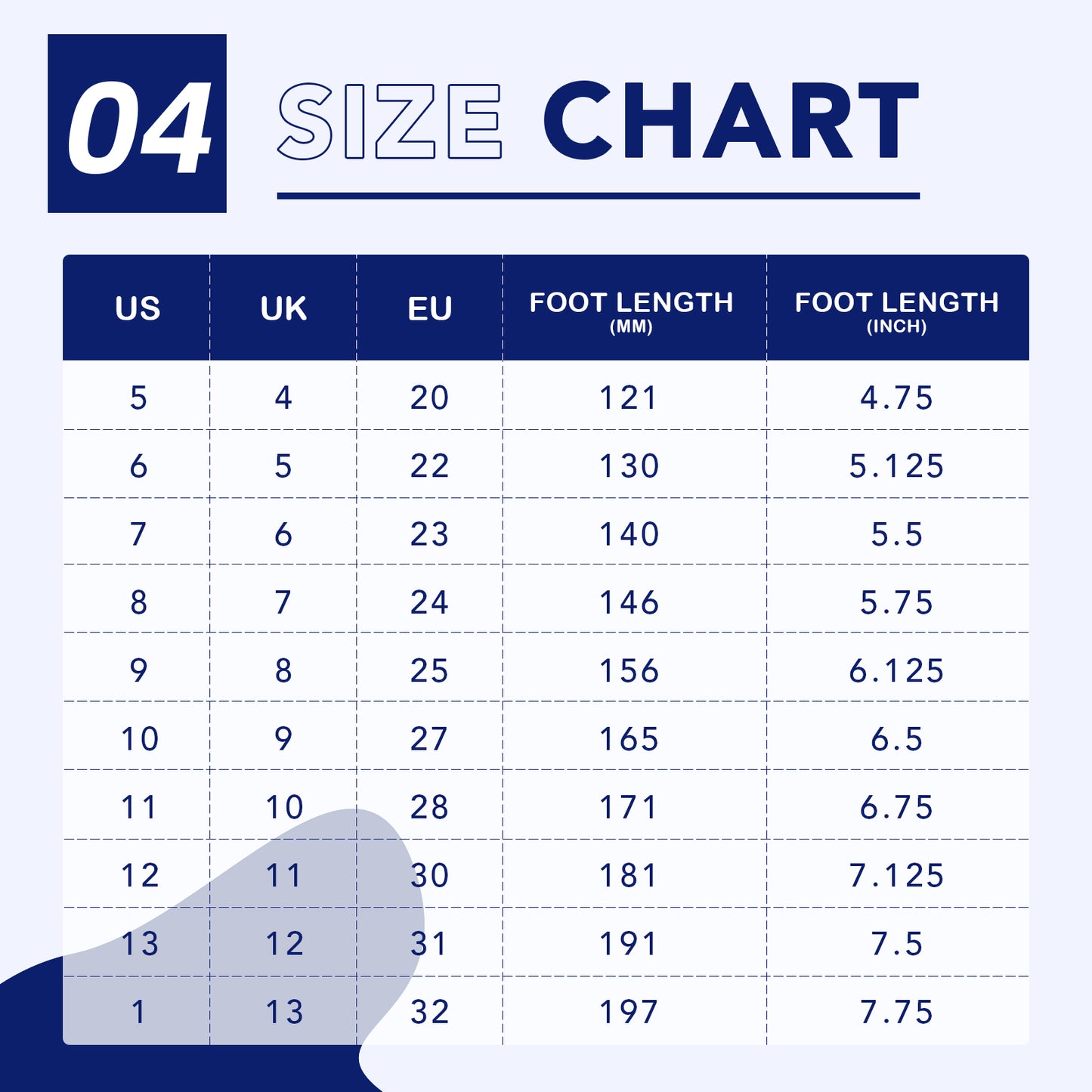 size chart for shoes with us, uk, eu, foot length (mm), and foot length (inch) measurements.