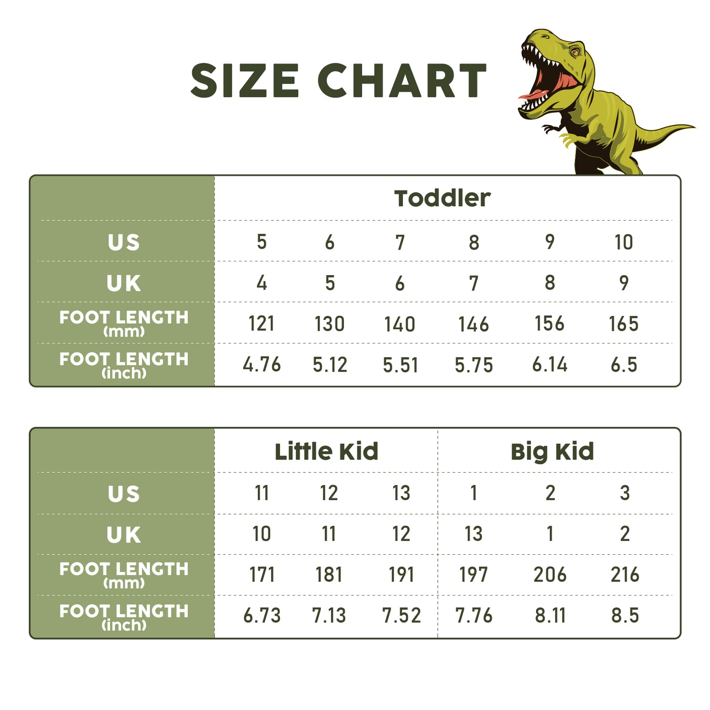 size chart for children with foot length measurements and a dinosaur illustration.