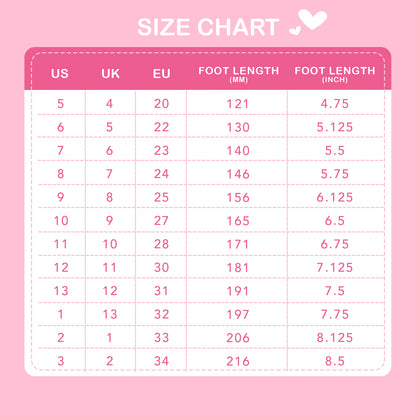 Size chart for shoes with US, UK, EU measurements on a pink background