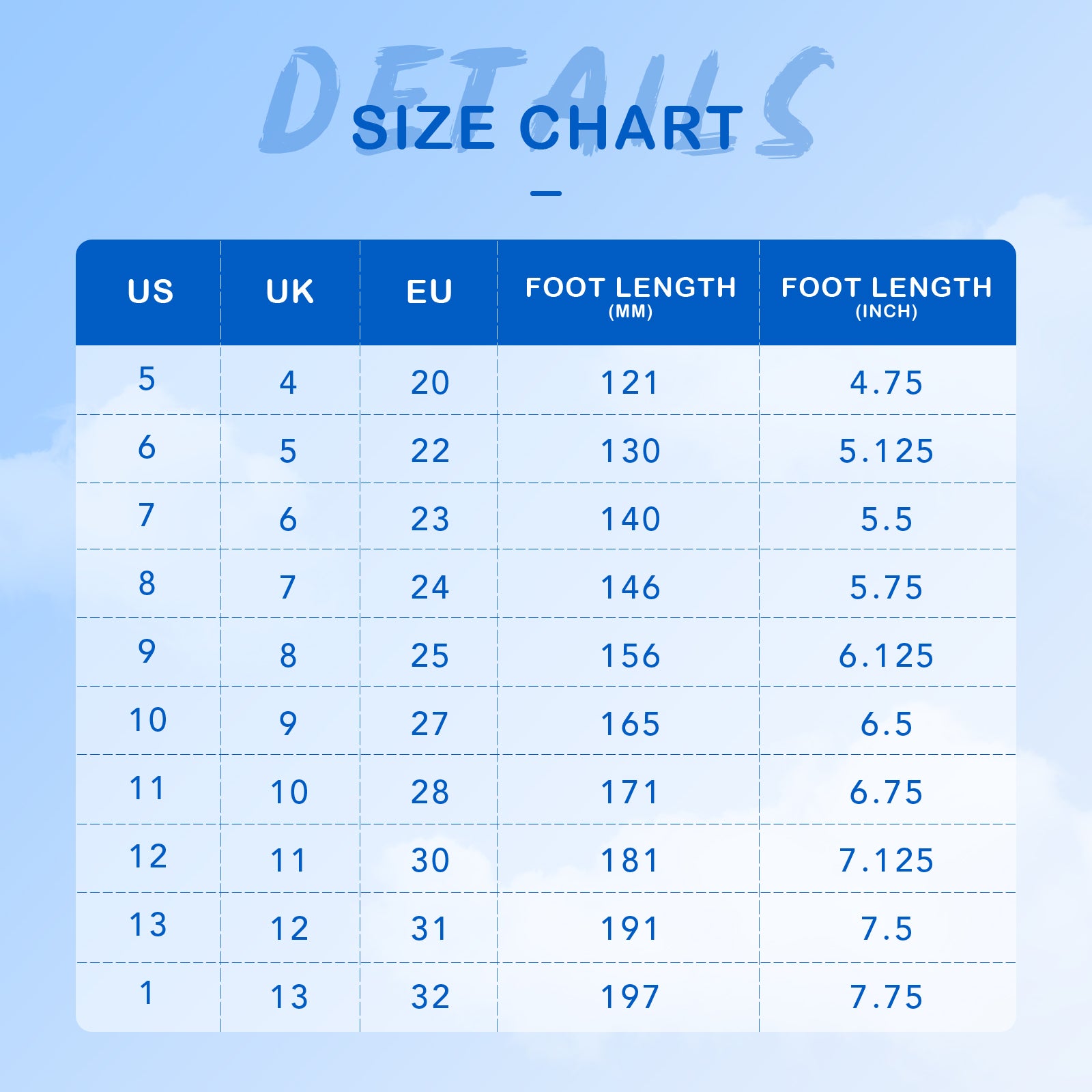 Size chart comparing US, UK, EU shoe sizes with foot length measurements in millimeters and inches on a blue background.