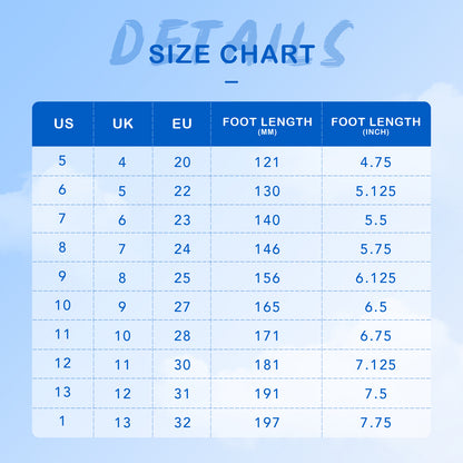 Size chart comparing US, UK, EU shoe sizes with foot length measurements in millimeters and inches on a blue background.