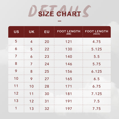 Size chart for shoes with US, UK, EU, foot length in millimeters, and foot length in inches.
