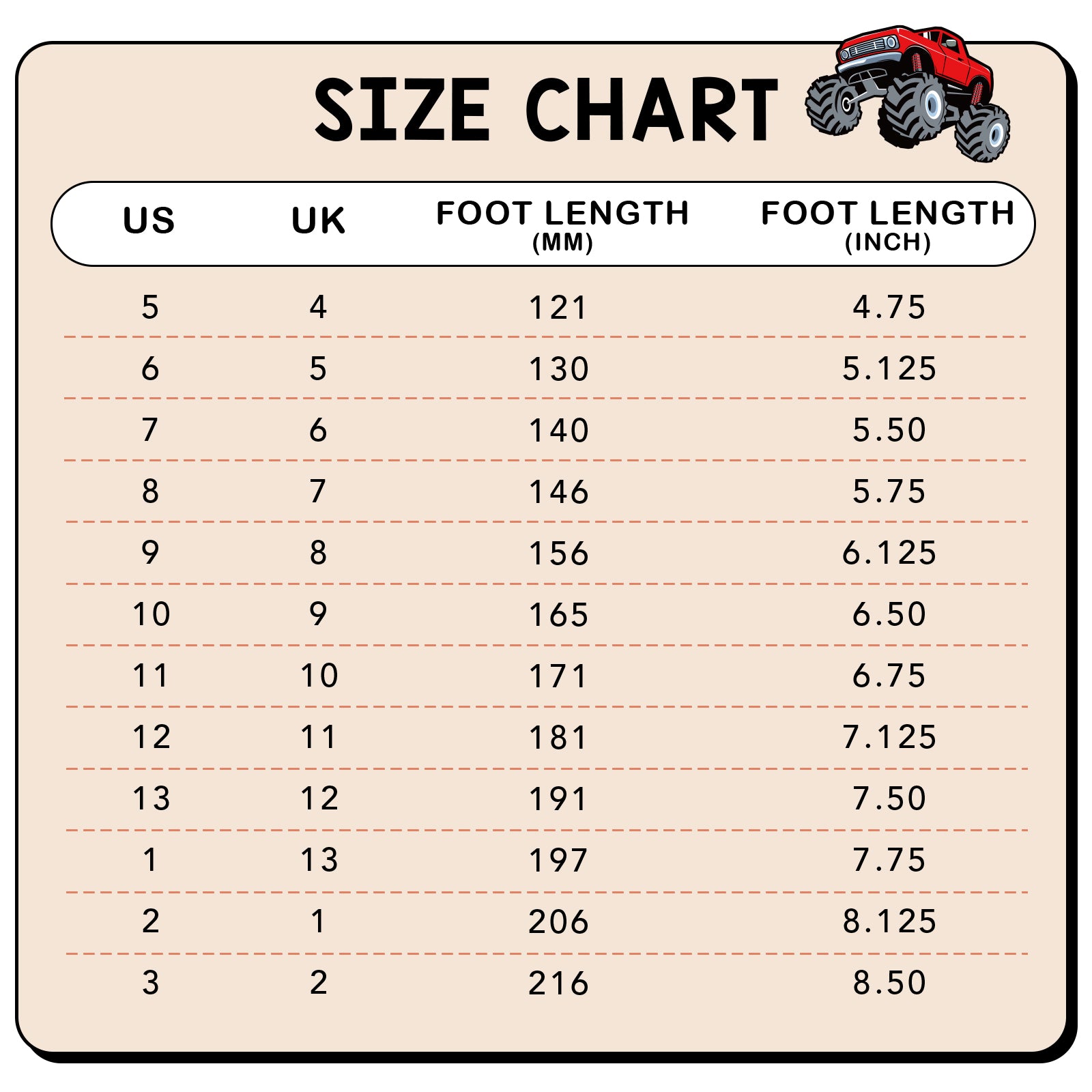 Size chart for shoes with foot length measurements in millimeters and inches, featuring a cartoon monster truck icon.