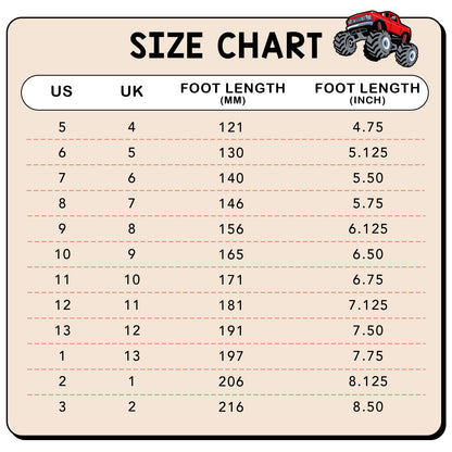 Size chart for shoes with foot length measurements in millimeters and inches, featuring a cartoon monster truck icon.