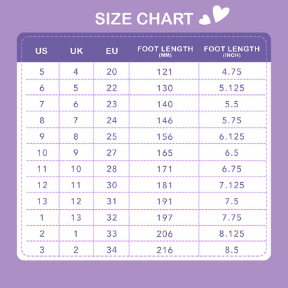 Size chart for shoes with US, UK, EU, foot length in millimeters, and foot length in inches on a purple background.