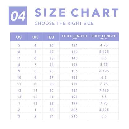 Size chart for shoes with US, UK, EU, foot length (mm), and foot length (inch) measurements.