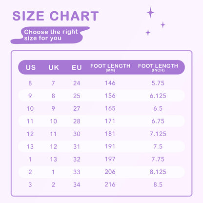 Size chart for shoes with US, UK, and EU measurements on a purple background