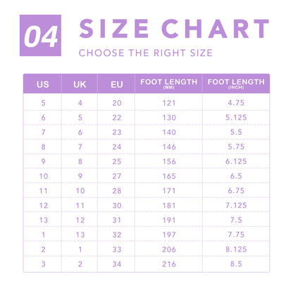 Size chart for shoes with US, UK, EU, foot length in millimeters, and foot length in inches.